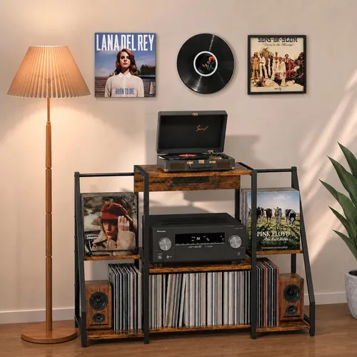 Vista 2 de HavenlyYouth Soporte para tocadiscos, mesa de tocadiscos con tomas de corriente y luz LED, capacidad para hasta 300 álbumes, soporte