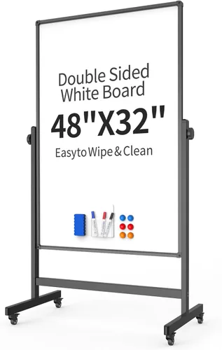 Vista 7 de Pizarra blanca móvil de 40 x 28 pulgadas, pizarra magnética de borrado en seco de doble cara, pizarra blanca ajustable en altura con soporte