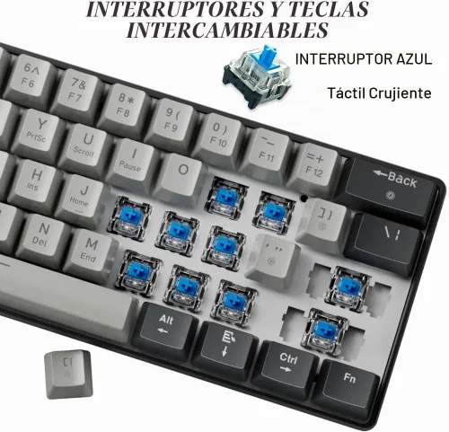 Vista 2 de abucow - Teclado mecánico 60% para juegos, interruptor azul, compacto con cable, anti-fantasma, sin conflictos, 61 teclas intercambiables, diseño