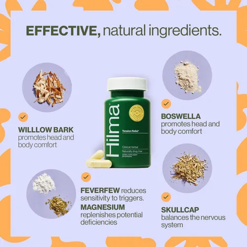 Vista 4 de Hilma Alivio natural del dolor de cabeza por tensión, suplementos con magnesio, boswellia y matricaria, 50 cápsulas veganas