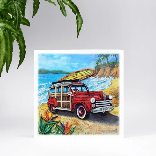 Vista 4 de Red Bus On The Beach, tarjeta de bajo el mar, nueva aventura, viaje por carretera, tarjeta de viaje para cumpleaños, graduación, felicitaciones