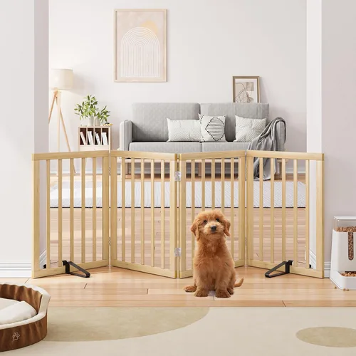 Vista 19 de Semiocthome Puertas de bambú para perros para interiores, puertas independientes de 2 paneles para cachorros para la casa con 2 soportes de metal