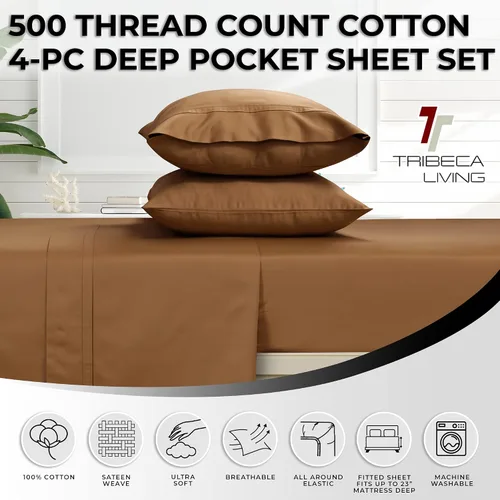 Vista 3 de Tribeca Living Juego de sábanas y fundas de almohada de satén de algodón egipcio suave, bolsillo profundo, 500 hilos, ropa de cama de lujo de 4 Beige