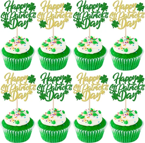 Vista 12 de 24 piezas de adornos para cupcakes del día de San Patricio, trébol con purpurina de tres hojas, trébol de la suerte, para cupcakes, sombrero