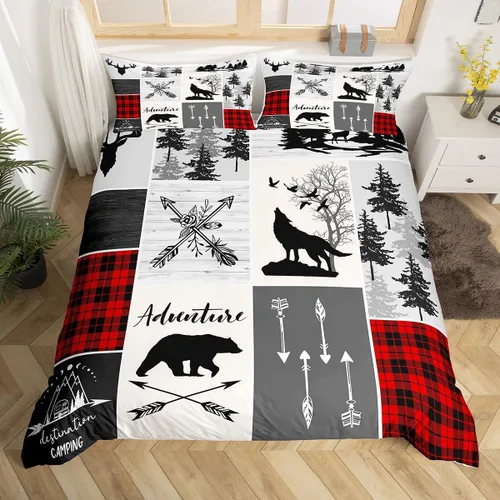 Vista 31 de Juego de funda de edredón para niños de ciervo, oso, lobo, tamaño individual, juego de ropa de cama de cabaña de aventura para niños, niñas