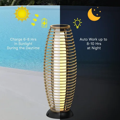 Vista 4 de Solar Yard Lámpara de pie para exteriores, luces de patio, farol con energía solar, resistente a la intemperie, luces de mimbre para terraza