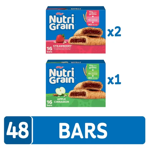 Vista 3 de Barras de Desayuno Nutri-Grain, Hechas con 10g de Granos Enteros, Barras de Snack, Paquete Surtido (3 Cajas, 48 Unidades)