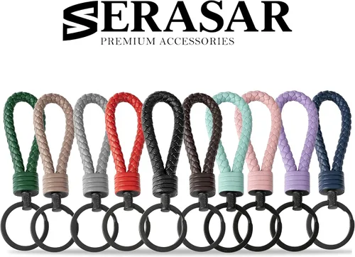 Vista 7 de SERASAR Llavero de cuero fuerte con llavero de acero inoxidable - Anillos adicionales para llaves pequeñas - Con caja de regalo