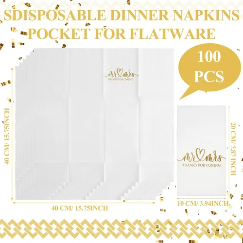 Vista 2 de Panelee 100 servilletas de boda con bolsillo integrado para cubiertos de Mr and Mrs personalizadas, sensación de lino, suministros de cena Dorado