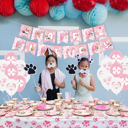 Vista 5 de Decoraciones de fiesta de perro – Suministros de fiesta de cumpleaños de perro para niña, platos de cachorro rosa, vasos, servilletas, mantel