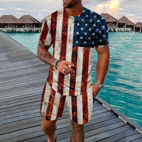 Vista 2 de 2023 Men's Casual Sports Suit American Flag 2 Piece Outfits Summer 4th of July Tracksuit Sets Stylish Tshirt and Shorts Set