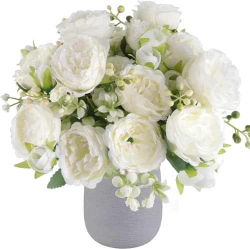Vista 15 de Flores artificiales de seda, ramo de peonías sintéticas beige, 4 paquetes de arreglos florales para decoración de casa de campo, centro de mesa