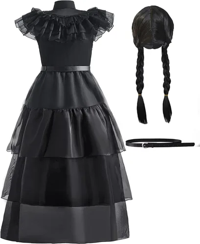 Vista 2 de keaiyouhuo Disfraz de Wednesday Addams para niñas, vestidos largos negros para niños, familia, cosplay, fiesta de Halloween, 4-14 años