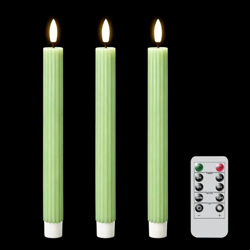 Vista 7 de Velas cónicas parpadeantes verdes sin llama que funcionan con pilas con control remoto de 10 teclas y temporizador, 6 paquetes de velas LED de cera