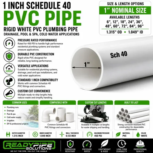 Vista 2 de Tubo de PVC de 1 pulgada Schedule 40 – Tubo de plomería de PVC blanco rígido para drenaje, piscina y spa, aplicaciones de agua fría