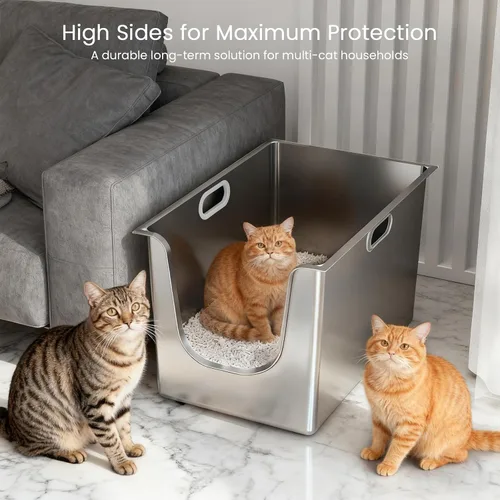 Vista 4 de Caja de arena de acero inoxidable con lados altos de 11.8 pulgadas, caja de arena de metal XL para gatos con entrada baja curva, bandeja de arena