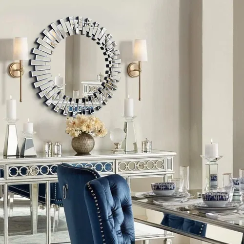 Vista 9 de Chende Espejo redondo – Espejo decorativo de 32 pulgadas con marco de vidrio biselado, acento moderno para sala de estar, vestíbulo, dormitorio