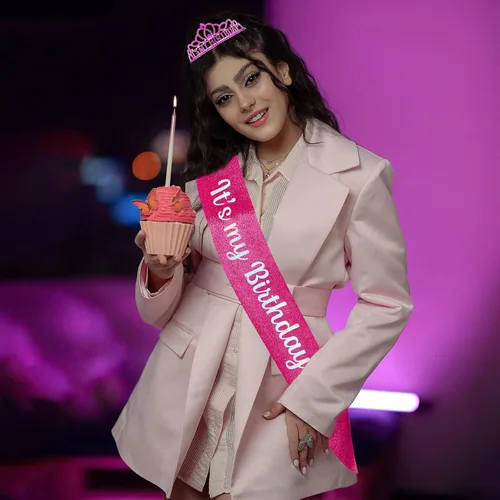 Vista 5 de Corona de cumpleaños para mujer, banda de diadema de cumpleaños rosa intenso Rosa fuerte