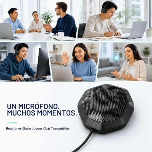 Vista 7 de Micrófono de computadora de 360° para escritorio, micrófono de PC de conferencia USB, tecnología de cancelación de ruido, grabación, Skype, clase