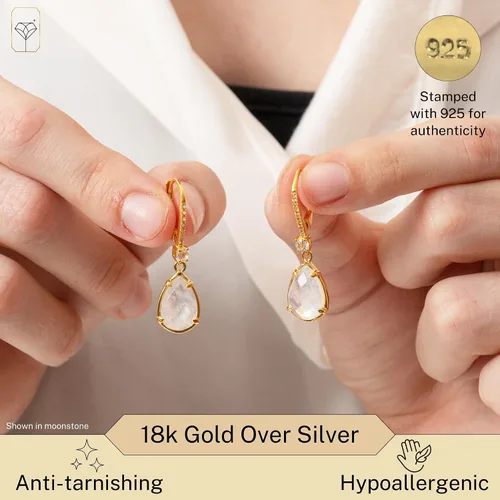 Vista 2 de Aretes colgantes con forma de pera de 6.5 quilates para mujer con oro de 18 quilates sobre plata de ley Aretes de piedra natal con cierre