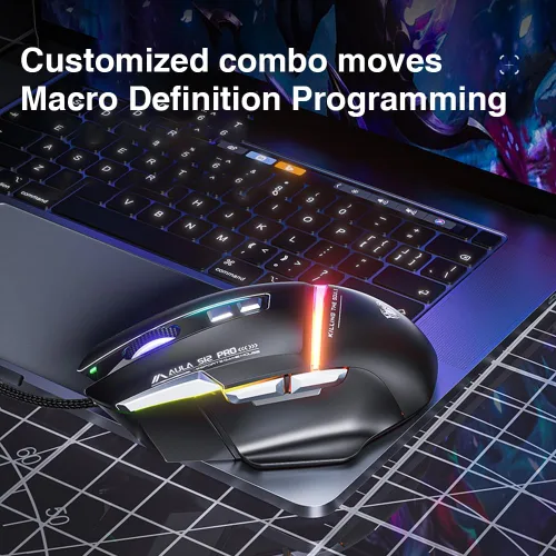 Vista 4 de AULA S12Pro - Mouse para juegos con cable blanco, 12800 DPI óptico gamer con retroiluminación RGB, 8 botones programables, software compatible
