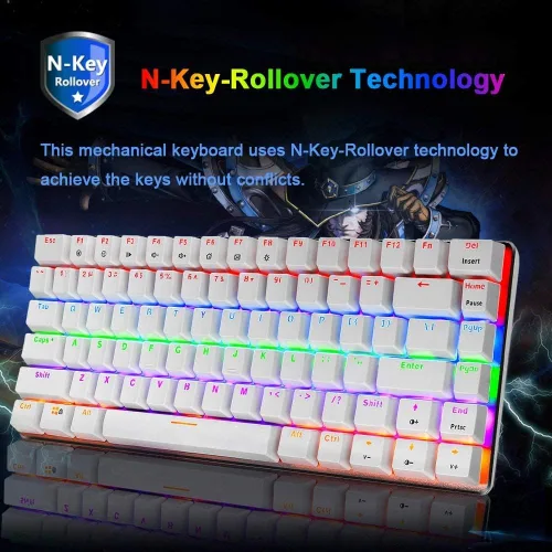 Vista 5 de Teclado mecánico para juegos con cable USB de metal mecánico azul teclado para juegos de computadora con retroiluminación LED arcoíris