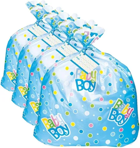 Vista 5 de Bolsa de regalo extragrande con lunares azules para baby shower, 44 x 36 pulgadas (1 unidad), ideal para grandes regalos y paquetes.