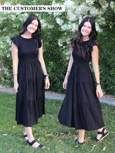 Vista 4 de MEROKEETY - Vestido midi fruncido de manga corta para mujer vestido de verano casual acampanado con cintura elástica y escalonado