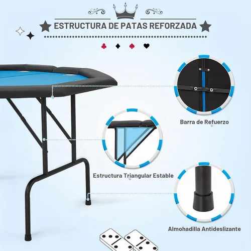 Vista 6 de ECOTOUGE - Mesa de póquer octagonal plegable, mesa de póquer Texas Holdem, color azul