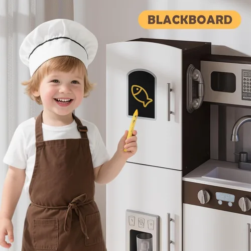 Vista 5 de JOYDIAS - Juego de cocina para niños, juego de cocina de madera con sonido y luz, horno, máquina de hielo, pizarra y caja de almacenamiento