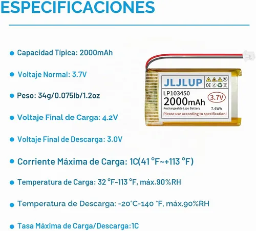 Vista 2 de Batería Lipo de 3.7 V 2000 mAh Baterías recargables de polímero de litio con cable PH 0.079 in Conector Circuito de protección integrado