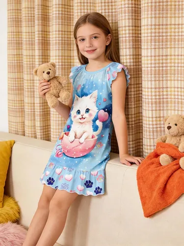 Vista 5 de LQSZ Camisón de noche para niñas, manga con vuelo, ropa de dormir de 3 a 10 años