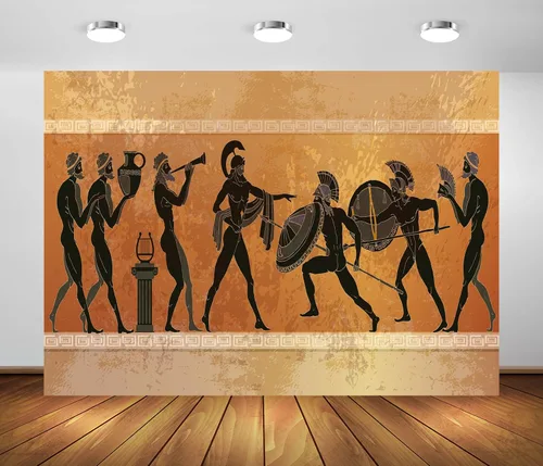 Vista 4 de Telón de fondo de tela de 5 x 3 pies, fondo de guerrero de la antigua Grecia antigua, mitología griega, figura negra, figuras de guerreros