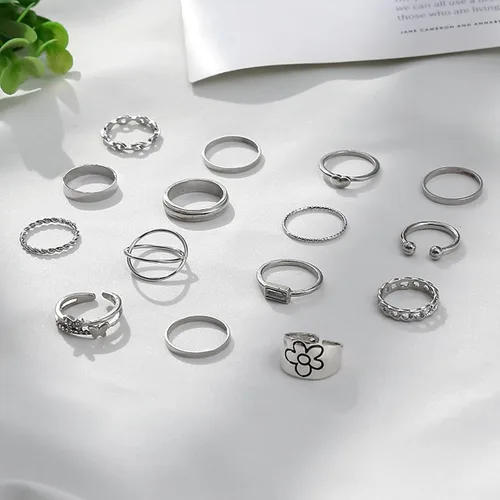 Vista 7 de Juego de 15 anillos bohemios para mujer, anillos de cristal con gemas, conjuntos de anillos de nudo para adolescentes, fiestas, joyería fesvital