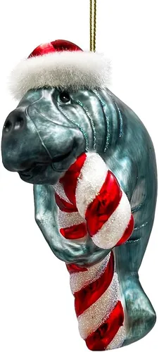 Vista 7 de Adorno de cristal acuático de la Navidad del manatí, decoración animal costera del día de fiesta del océano de la vaca del mar