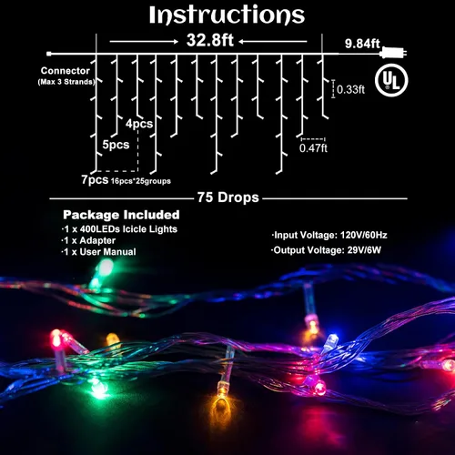 Vista 7 de Luces de carámbano, luces de Navidad de 33 pies con 400 LED, 75 caídas, 8 modos, enchufable e impermeable, para festividades, boda, fiesta, hogar