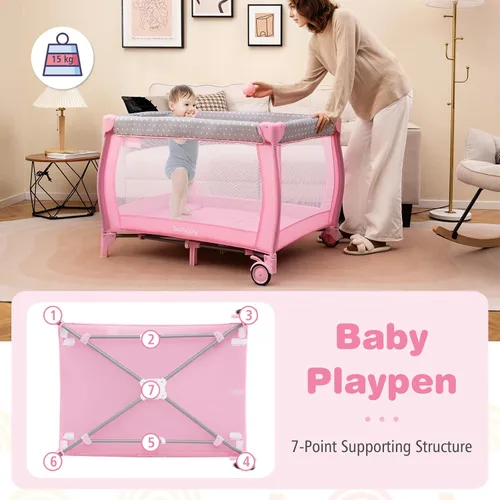 Vista 8 de BABY JOY 3 en 1 portátil Pack and Play con moisés, cuna de viaje convertible para bebé con cambiador, rueda de freno, Napper recién nacido