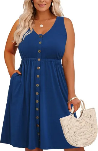 Vista 41 de Holipick Vestidos de verano para mujer, talla grande, casual, con bolsillos, acampanado, con botones, sin mangas, cuello en V