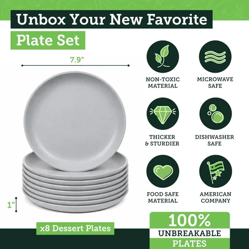 Vista 3 de Grow Forward Platos de postre de paja de trigo prémium – Juego de 8 platos de plástico duro reutilizables de 8 pulgadas – Platos irrompibles aptos