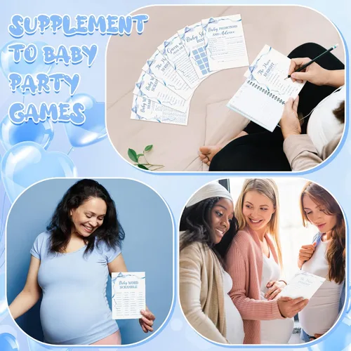 Vista 5 de Ctosree 302 Piezas Juegos de Baby Shower Azul Lazo Precio es Correcto Baby Shower Señales Acuarela, 6 Juegos, 50 Hojas Cada Uno, Predicciones