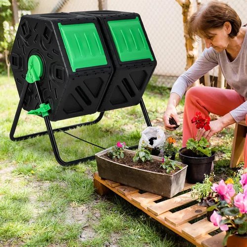 Vista 9 de Goplus Contenedor de compostaje, vaso de compostaje de doble cámara de 34.5 galones con 2 cámaras giratorias, puertas corredizas, compostador