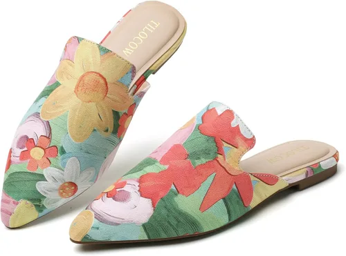 Vista 24 de Tilocow Mules para mujer, cómodos mocasines puntiagudos, sin espalda, planos, zapatos casuales de negocios, deslizantes, sin cordones beige