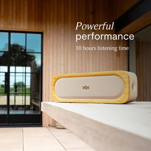 Vista 4 de House of Marley Get Together 3 bocina Bluetooth, 10 horas de reproducción, carga rápida USB-C, modos de sonido EQ, luz LED ambiental, rango Crema