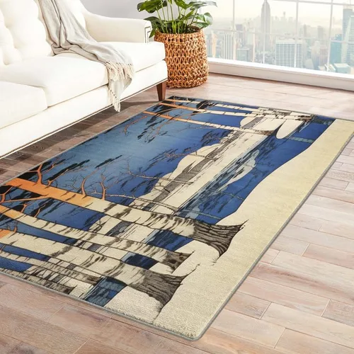 Vista 8 de Alfombras blancas de abedul para dormitorio, sala de estar, alfombra de bosque de 3 x 5, lavable, antideslizante, suave, alfombra de pelo bajo, Dfg4
