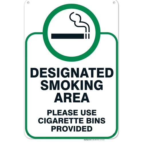 Vista 17 de Letrero designado para zona de fumar, letrero con texto en inglés "Please Use Cigarrette Bins Sign", 10 x 7 pulgadas, libre de óxido, aluminio 040