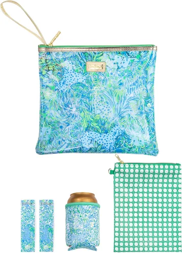 Vista 9 de Lilly Pulitzer Funda de vinilo resistente al agua para la playa, bolsa con cremallera incluye protector de bebidas, funda pequeña y clips para toalla