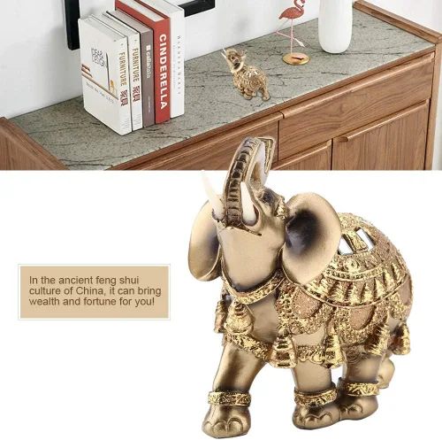 Vista 4 de ZJchao Escultura de elefante dorado, artesanía de la suerte, estatua de elefante dorado de Feng Shui, figura de riqueza para decoración del hogar (L)