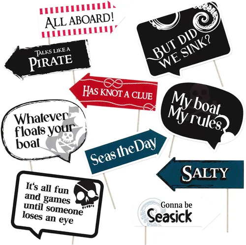 Vista 3 de Kit de decoración de fiesta pirata, incluye telón de fondo de fotografía y 10 accesorios de cabina de fotos para selfies de estudio con palos