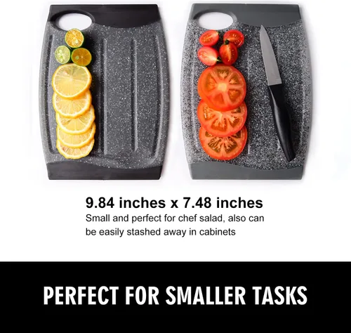 Vista 2 de Juego de tablas de cortar pequeñas de plástico con múltiples ranuras para jugo, paquete de 2 Tablas de cortar de cocina de 9.84 x 7.48 pulgadas