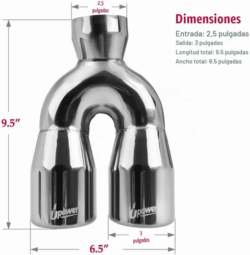 Vista 4 de Upower punta de escape doble de 2.5" a 3" con entrada de 2 1/2 pulgadas, salida de 3 pulgadas, 9.5" de largo, tubo de escape soldado con puntas
